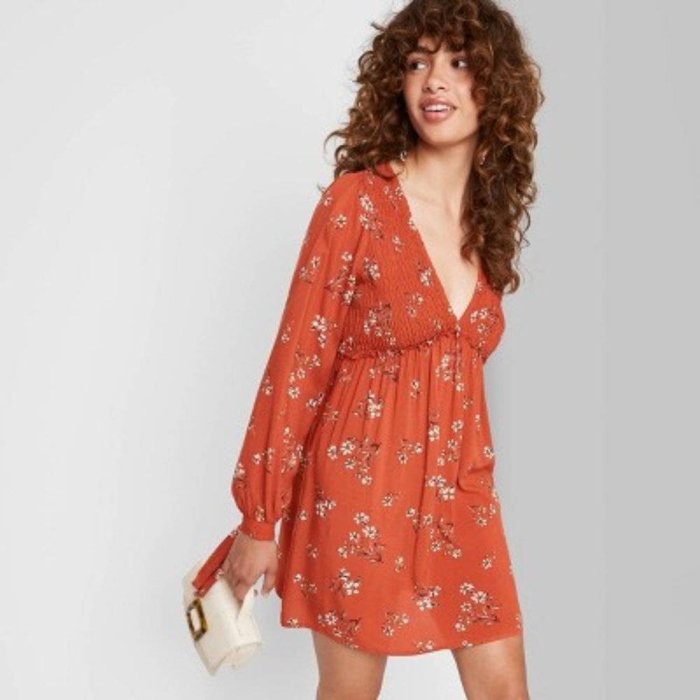 Wild Fable Orange Floral Long Sleeve Mini Dress Sz Small